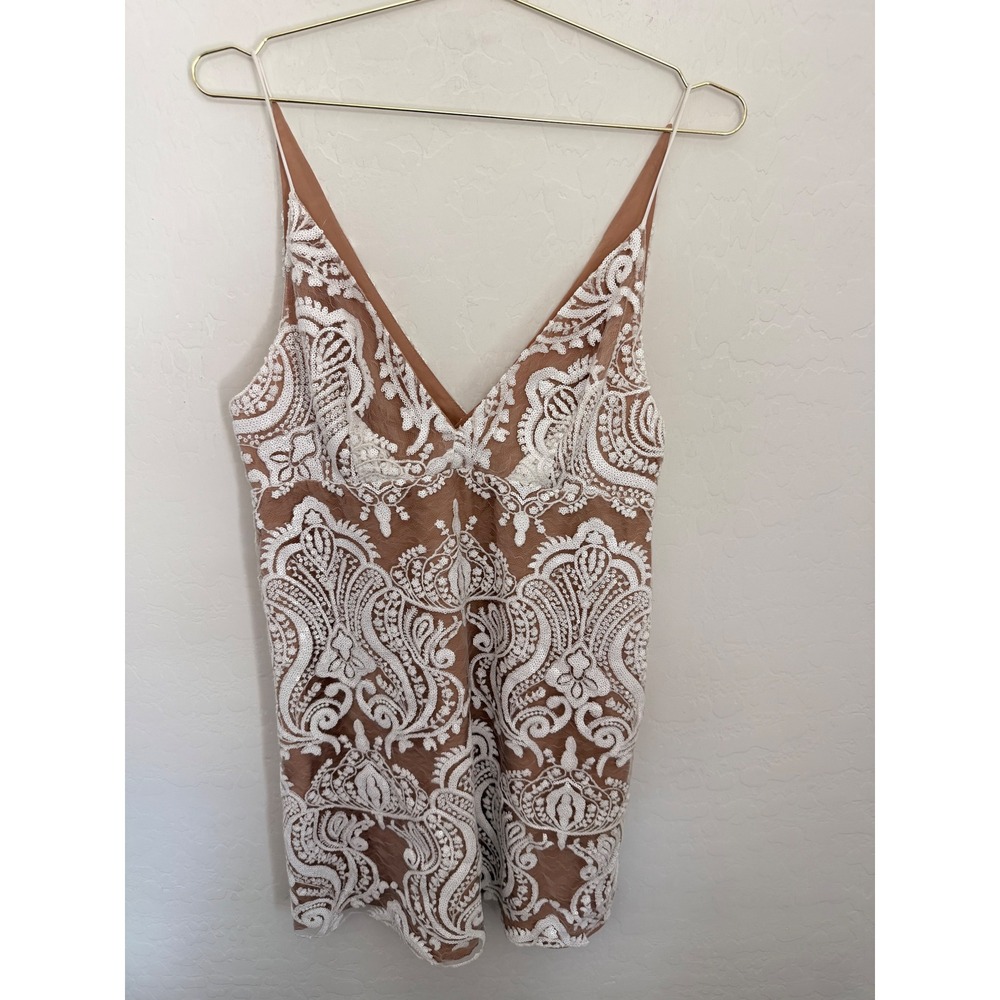 Free People Night Shimmers Sequin Paisley Mini Ethereal Dress Nude White Size 10